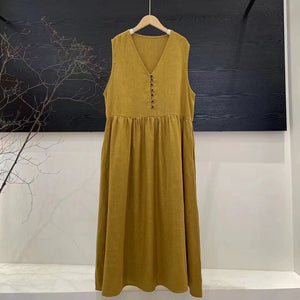 Đầm liền linen sát nách cổ V khuy cài - D033