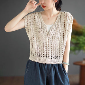Áo T-shirt dệt kim retro sát nách cổ V - NU9055