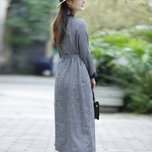 Đầm liền linen dài tay cổ tròn khuy cài kẻ caro - NU9506