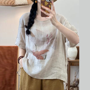 Áo T-shirt linen ngắn tay cổ tròn in hoa ly - NU10353