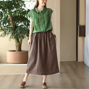 Chân váy linen lưng thun hai túi chéo đính khuy kiểu - NU9871