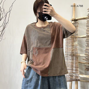 Áo T-shirt linen ngắn tay cổ tròn thêu chiếc lá - A788