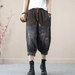 Quần baggy lửng denim lưng thun dây rút in hoa văn - NU8674