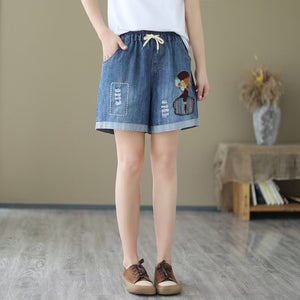 Quần sooc denim lưng thun thêu cô gái hai túi sau - NU10288