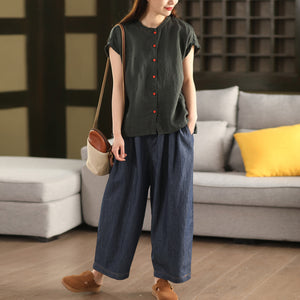 Áo sơ mi linen ngắn tay cổ tròn xếp ly - A804