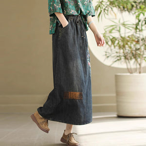 Chân váy denim lưng thun thêu vòng nguyệt quế - NU10084