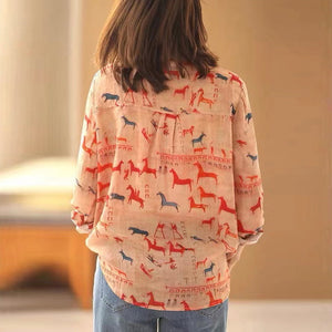 Áo sơ mi linen dài tay cổ đức in những chú ngựa - A916
