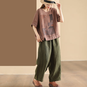Áo T-shirt linen ngắn tay cổ tròn in hình học - NU10262