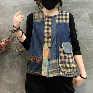 Áo khoác denim gile sát nách chắp vá caro - NU10344