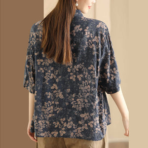 Áo sơ mi linen ngắn tay cổ đức in retro vạt bằng - A941
