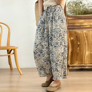 Quần baggy linen lưng thun ống rộng in hoa văn trừu tượng - Q247