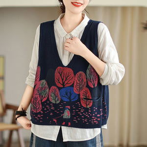 Áo len gile sát nách in hình rừng cây - A238