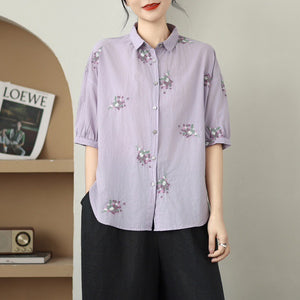 Áo sơ mi linen ngắn tay cổ đức thêu những chùm hoa - A727