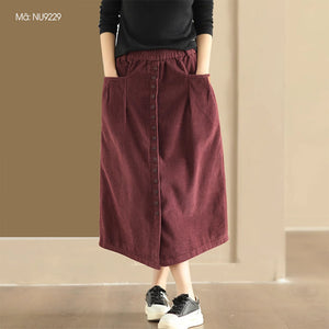 Chân váy nhung retro lưng thun khuy kiểu hai túi ngang - NU9227