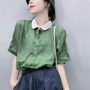 Áo sơ mi ngắn tay cổ pipi lệch màu - A702