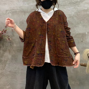 Áo khoác linen dài tay cổ V hai túi vuông in hoa retro - NU9288
