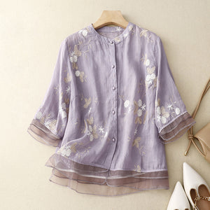 Áo sơ mi linen Organza ngắn tay cổ đứng thêu hoa lá - NU10138