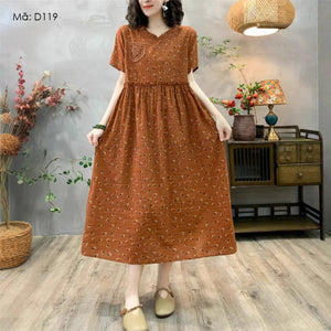 Đầm liền linen ngắn tay cổ V in hoa văn thêu một túi - D117