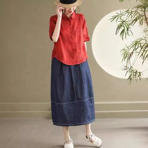 Chân váy denim lưng thun kiểu xẻ tà sau - V104