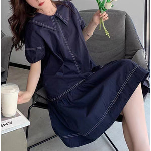 Đầm liền ngắn tay cổ thủy thủ chỉ nổi - NU10385