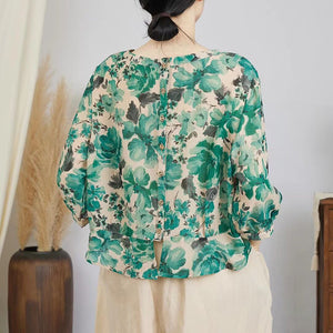 Áo sơ mi linen tay lửng cổ tròn khuy cài sau in hoa văn retro - NU8878