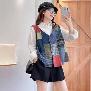Áo khoác gile cổ V kiểu chắp vá hoa văn retro - A692