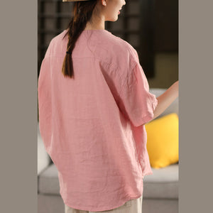 Áo sơ mi linen ngắn tay cổ tròn túi vuông đơn sắc - A895