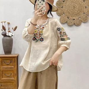 Áo sơ mi linen ngắn tay cổ tròn thêu hoa lá đối xứng - NU8934