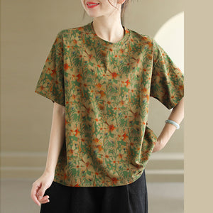 Áo T-shirt ngắn tay cổ tròn in hoa lá retro - NU10465