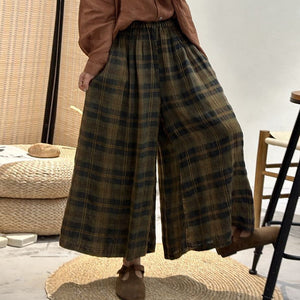 Quần baggy linen lưng thun kẻ sọc caro ống rộng - NU9916