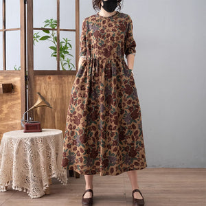Đầm liền dài tay cổ tròn xếp ly khuy lệch eo dây rút - NU9323