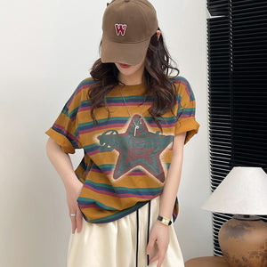 Áo T-shirt ngắn tay cổ tròn kẻ sọc ngôi sao - NU9949