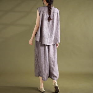 Bộ đồ linen gồm áo sơ mi sát nách một túi và quần baggy ống rộng lưng cao kẻ caro - NU9056