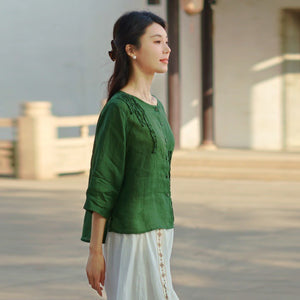 Áo sơ mi linen tay lửng cổ tròn kiểu đính ren - NU9749