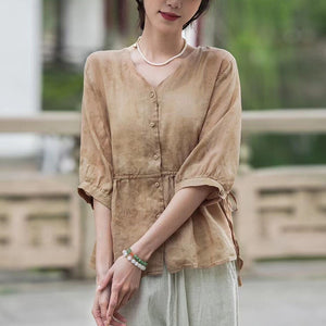 Áo sơ mi linen ngắn tay cổ V eo thắt dây in hoa lá đồng màu - NU9918