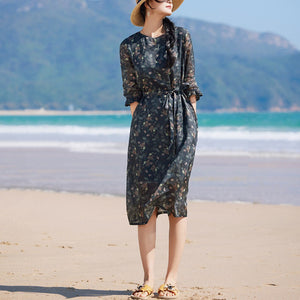Đầm liền linen ngắn tay cổ tròn in những chiếc lá - NU9900