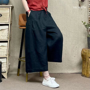 Quần baggy linen lưng thun xếp ly ống rộng đơn sắc - NU8712