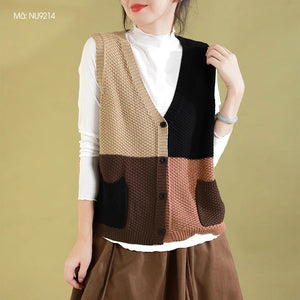 Áo khoác len gile sát nách cổ V hai túi mảng màu - NU9212