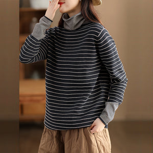 Áo T-shirt dài tay dệt kim cổ lọ kẻ sọc - A576