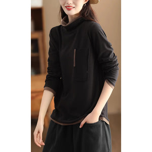 Áo T-shirt dài tay cổ lọ phối màu đơn sắc một túi - NU9381