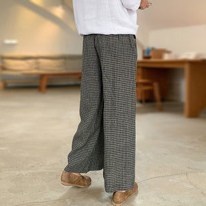 Quần baggy linen lưng thun kẻ caro ống rộng - NU9869