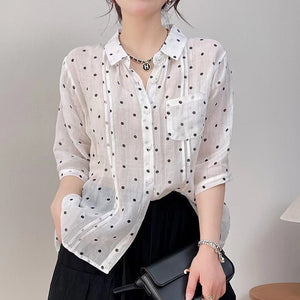 Áo sơ mi linen ngắn tay cổ đức chấm bi một túi - NU10437