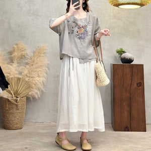 Áo sơ mi linen ngắn tay cổ tròn thêu hoa lá kiểu vạt lệch  - A959