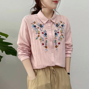Áo sơ mi linen dài tay cổ đức thêu hoa trước ngực - NU10331