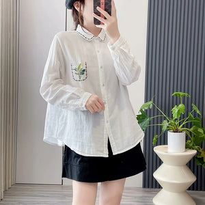 Áo sơ mi linen dài tay cổ pipi thêu hoa lá bo viền - NU9705