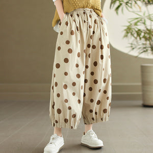 Quần baggy linen lửng lưng thun chấm bi ống đứng - Q144