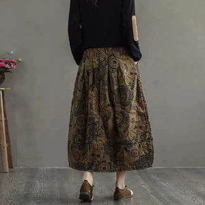 Chân váy chữ A chần bông in hoa lá retro - V066