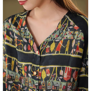 Áo sơ mi linen ngắn tay cổ V in hoa văn trừu tượng - A915