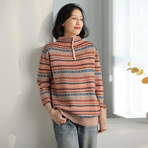 Áo len dài tay cổ lọ in hoa văn retro cân đối đính khuy - NU9698