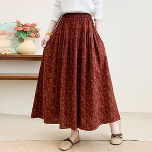 Chân váy retro lưng thun xếp ly in hoa liti - V011